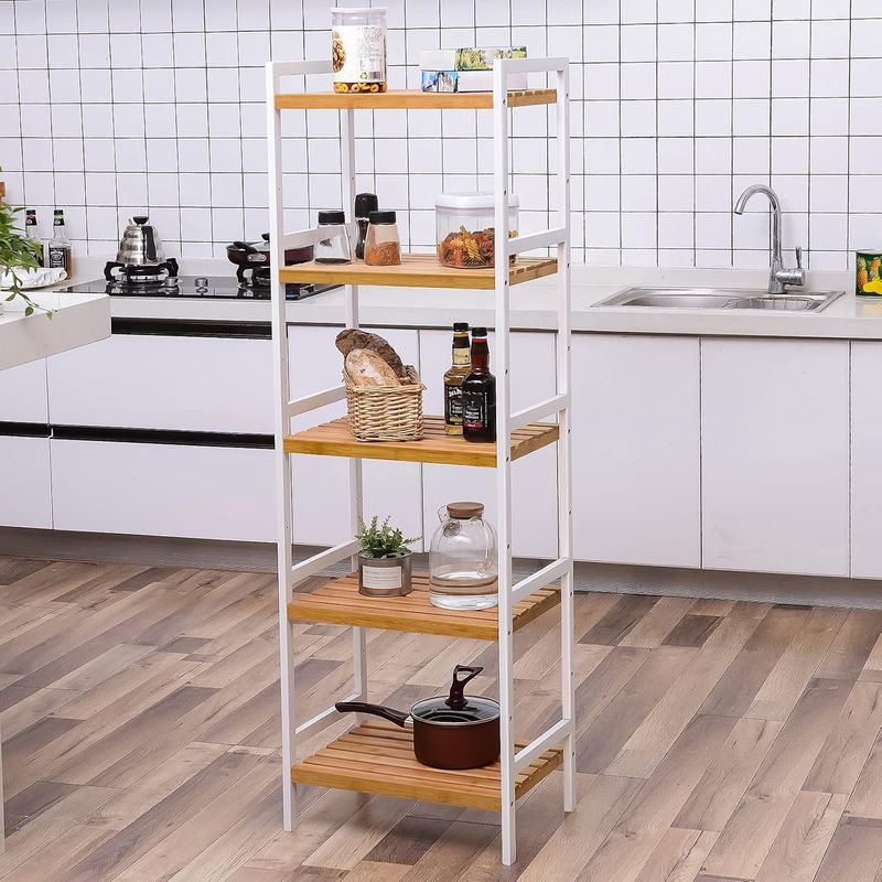 Casa si Gradina - Mobilier - Mobilier baie - Etajere baie - SONGMICS Etajera bambus 5 rafturi, pentru baie, bucatarie sau living, 45x32x142 cm, alb natur - Infinity.ro