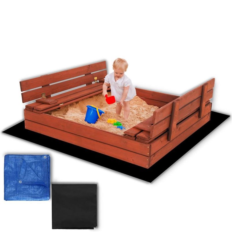 Petshop - Accesorii petshop - Jucarii animale - Jucarii educative - Lada nisip din lemn pliabila cu capac si bancute, 120x120x41 cm, maro - Infinity.ro