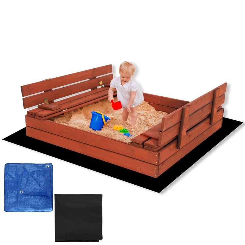 Petshop - Accesorii petshop - Jucarii animale - Jucarii educative - Lada nisip din lemn pliabila cu capac si bancute, 120x120x41 cm, maro - Infinity.ro