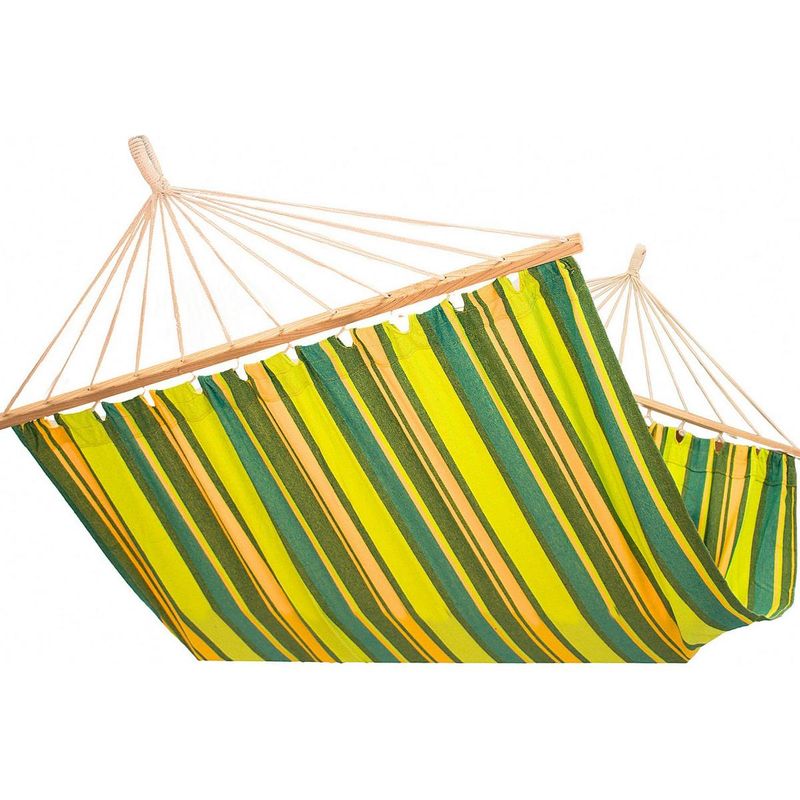 Casa si Gradina - Gradina si terasa - Balansoare si hamace - Balansoare - Hamac dublu cu bare din lemn, pentru 2 persoane, bumbac, 150kg, 200x150 cm, verde si galben - Infinity.ro
