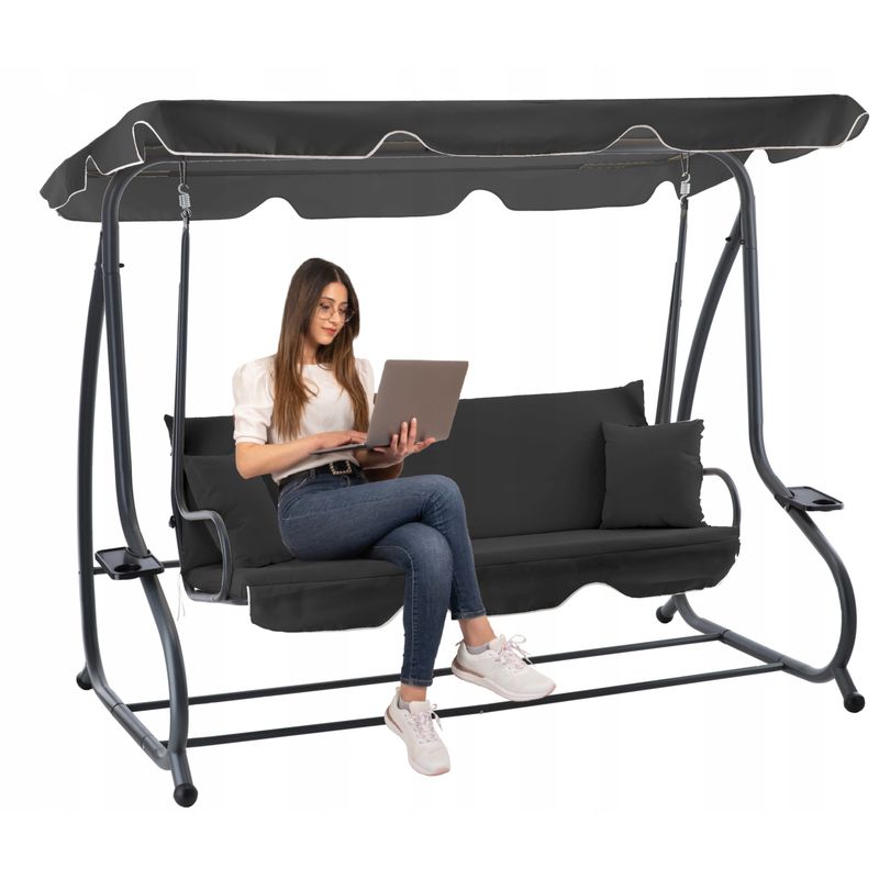 Casa si Gradina - Gradina si terasa - Balansoare si hamace - Balansoare - Leagan gradina 3 locuri cu baldachin reglabil, perne si suport pahare, 210x120x170 cm, gri inchis - Infinity.ro