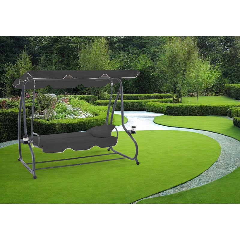 Casa si Gradina - Gradina si terasa - Balansoare si hamace - Balansoare - Leagan gradina 3 locuri cu baldachin reglabil, perne si suport pahare, 210x120x170 cm, gri inchis - Infinity.ro