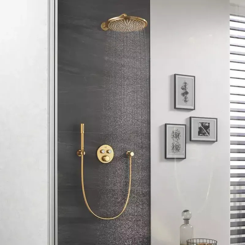 Casa si Gradina - Sanitare - Lavoar baie si accesorii - Baterii sanitare - Palarie si brat de dus Grohe Rainshower Cosmopolitan 310 auriu periat Cool Sunrise 1 functie - Infinity.ro