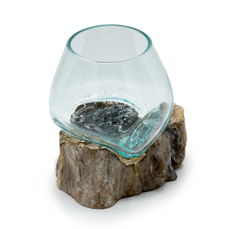 Casa si Gradina - Decoratiuni - Obiecte decorative - Vaze si boluri decorative - Vas din Sticla Topita pe Lemn de Gamal, Handmade, Mediu, 16x12x12, Alb Spalat - Infinity.ro