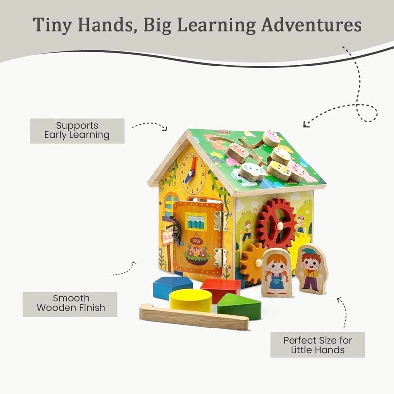 Jucarii, Copii si Bebe - Jucarii si jocuri - Jucarii & jocuri educative - Jucarii interactive - Casuta Educativa Montessori din lemn, Activitati pentru dezvoltarea motricitatii 8 in 1, 20 x 18 x 18.5 cm, + 3 ani - Infinity.ro