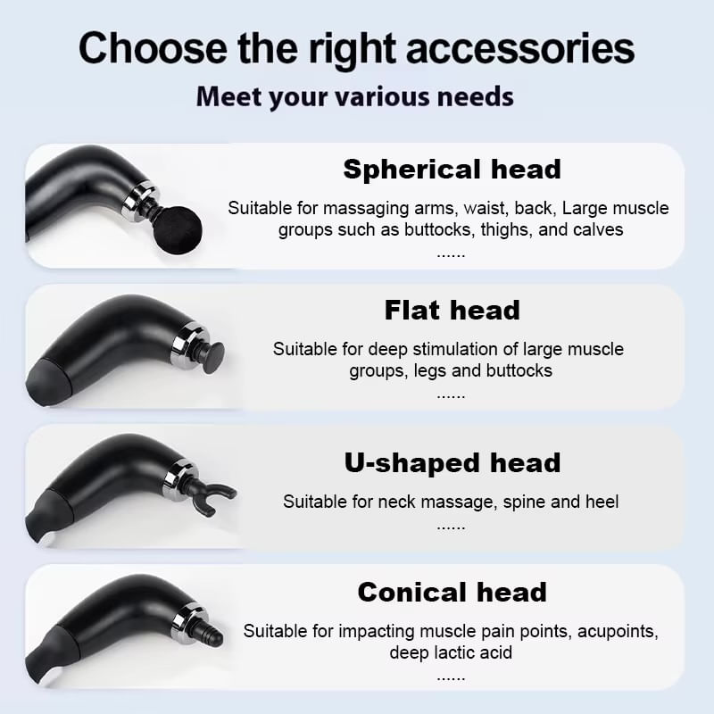 Ingrijire personala si Cosmetice - Sanatate si wellness - Articole wellness - Aparate si dispozitive de masaj - Aparat de Masaj Premium, tip Pistol cu Maner Extins, 4 Capete Interschimbabile, 9 viteze - Infinity.ro