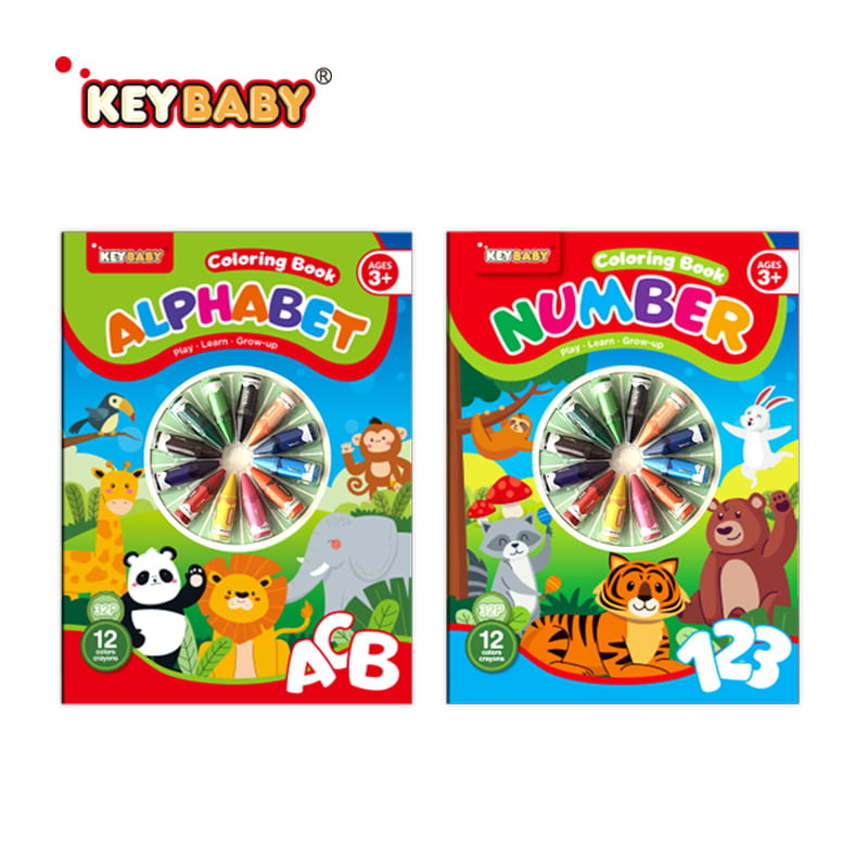 Set 2 Carti de Colorat Educationale, Alfabetul si Numerele, 24 culori cerate incluse + 3 ani