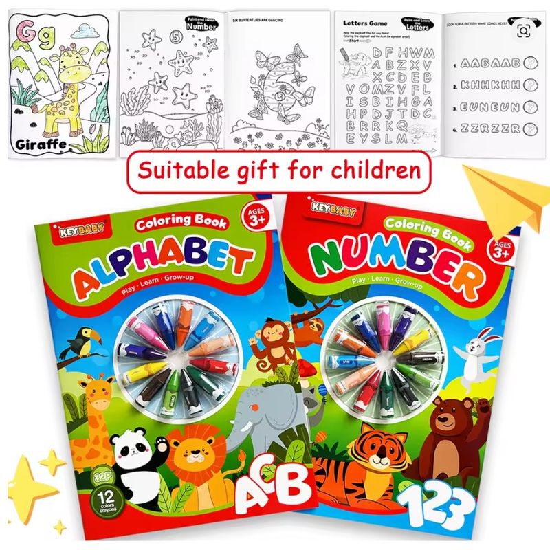 Carti si Birotica - Carti - Carti pentru copii - Activitati extracurriculare - Set 2 Carti de Colorat Educationale, Alfabetul si Numerele, 24 culori cerate incluse + 3 ani - Infinity.ro