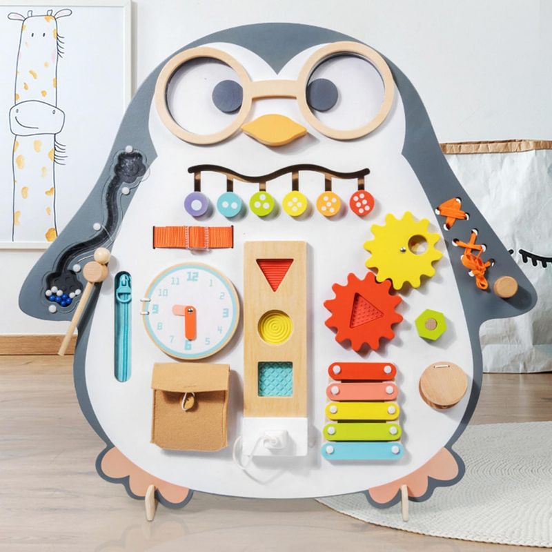 Jucarii, Copii si Bebe - Jucarii si jocuri - Jucarii & jocuri educative - Jucarii interactive - Busy Board Montessori 2 in 1 cu Tablita de Scris si Activitati, Pinguinul Vesel, 62 x 45 cm - Infinity.ro