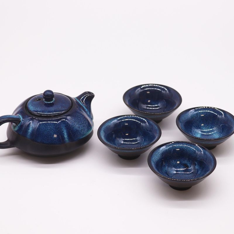 Casa si Gradina - Bucatarie si vesela - Vase pentru gatit - Ceainice si infuzoare - Set Ceainic Ceramic Blue Glaze si 4 Cesti in stil Oriental, 200 ml, 4 x 30 ml - Infinity.ro