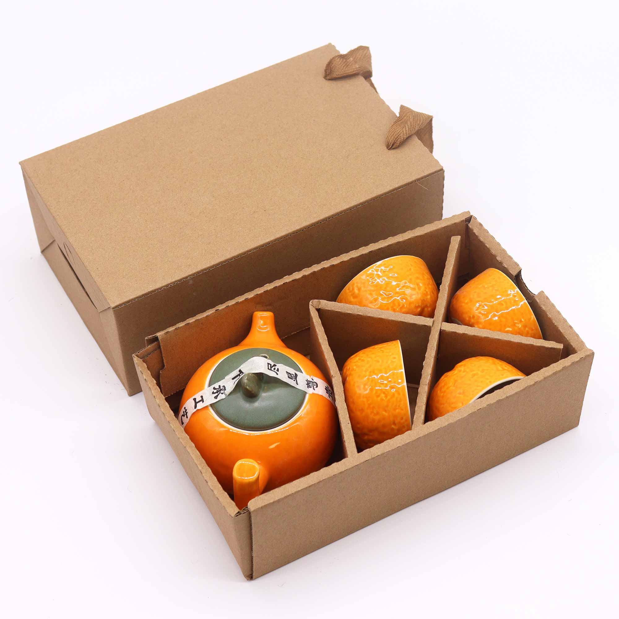 Set Ceainic Ceramic Orange Summer si 4 Cesti in stil Oriental, 200 ml, 4 x 50 ml