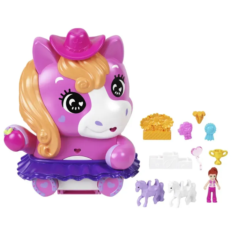 Jucarii, Copii si Bebe - Jucarii si jocuri - Papusi si accesorii - Papusi - Set de joaca cu papusa si accesorii in gentuta, Polly Pocket, Rodeo Pony - Infinity.ro