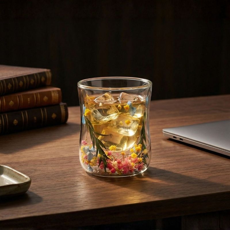 Casa si Gradina - Bucatarie si vesela - Cani si pahare - Pahare - Pahar cu insertie de flori uscate, galben, roz si verde, pereti dubli, sticla borosilicata, 200 ml, Aurora Bloom - Infinity.ro