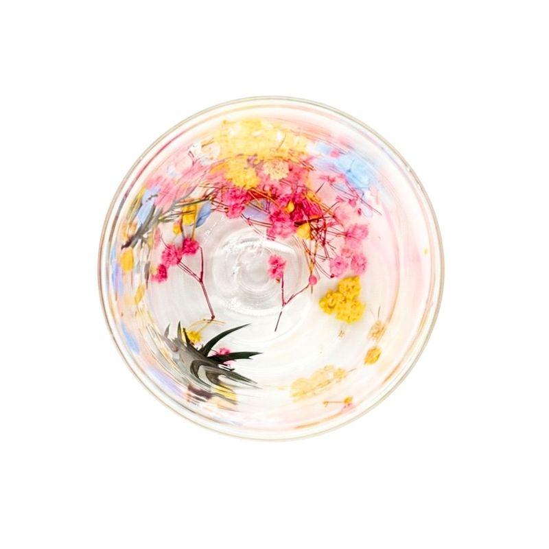 Casa si Gradina - Bucatarie si vesela - Cani si pahare - Pahare - Pahar cu insertie de flori uscate, galben, roz si verde, pereti dubli, sticla borosilicata, 200 ml, Aurora Bloom - Infinity.ro