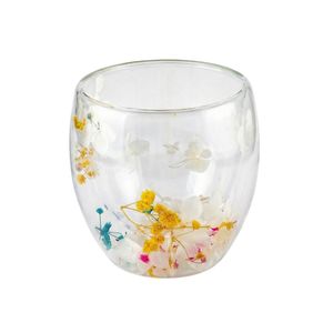 Pahar cu insertie de flori uscate, hortensii, alb si galben, pereti dubli, sticla borosilicata, 250 ml, Aurora Bloom