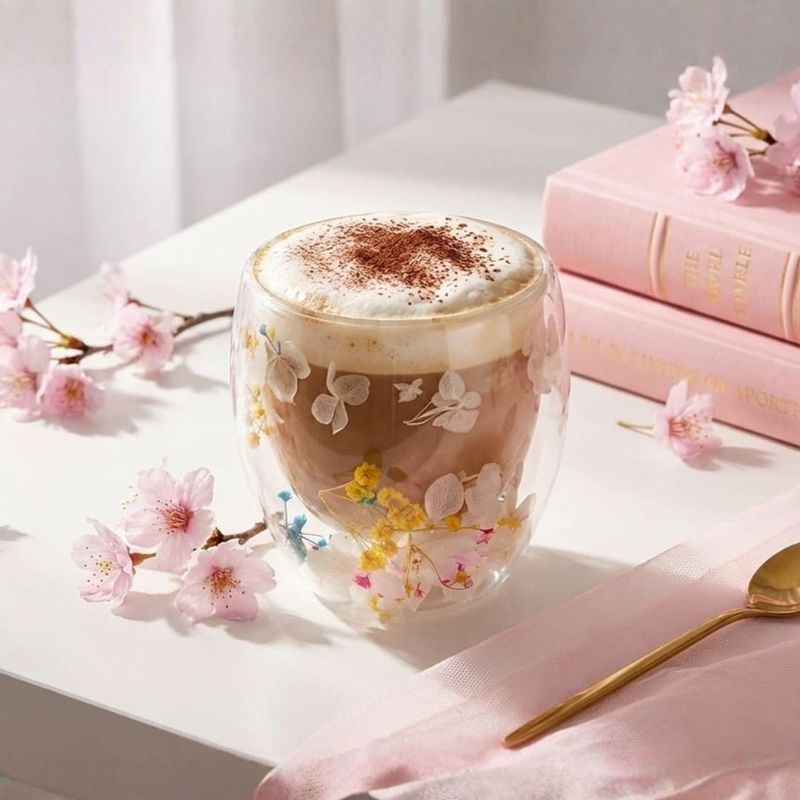 Casa si Gradina - Bucatarie si vesela - Cani si pahare - Pahare - Pahar cu insertie de flori uscate, hortensii, alb si galben, pereti dubli, sticla borosilicata, 250 ml, Aurora Bloom - Infinity.ro