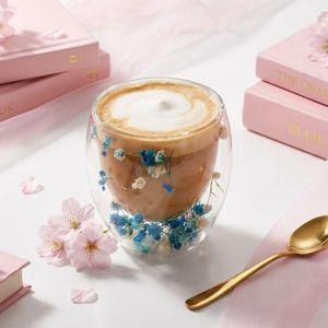 Pahar cu insertie de flori uscate, alb si albastru, pereti dubli, sticla borosilicata, 250 ml, Aurora Bloom