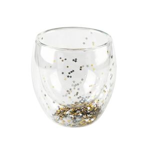 Pahar cu insertie de confetti stelute gri si auriu, pereti dubli, sticla borosilicata, 250 ml, Aurora Glow