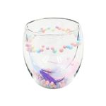 Casa si Gradina - Bucatarie si vesela - Cani si pahare - Cani si cesti - Pahar cu insertie de pene si bilute colorate pastel, roz si mov, pereti dubli, sticla borosilicata, 250 ml, Aurora Bloom - Infinity.ro
