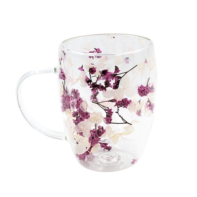 Casa si Gradina - Bucatarie si vesela - Cani si pahare - Cani si cesti - Cana cu insertie de flori uscate roz, hortensie si limonium, pereti dubli, sticla borosilicata, 350 ml, Aurora Bloom - Infinity.ro