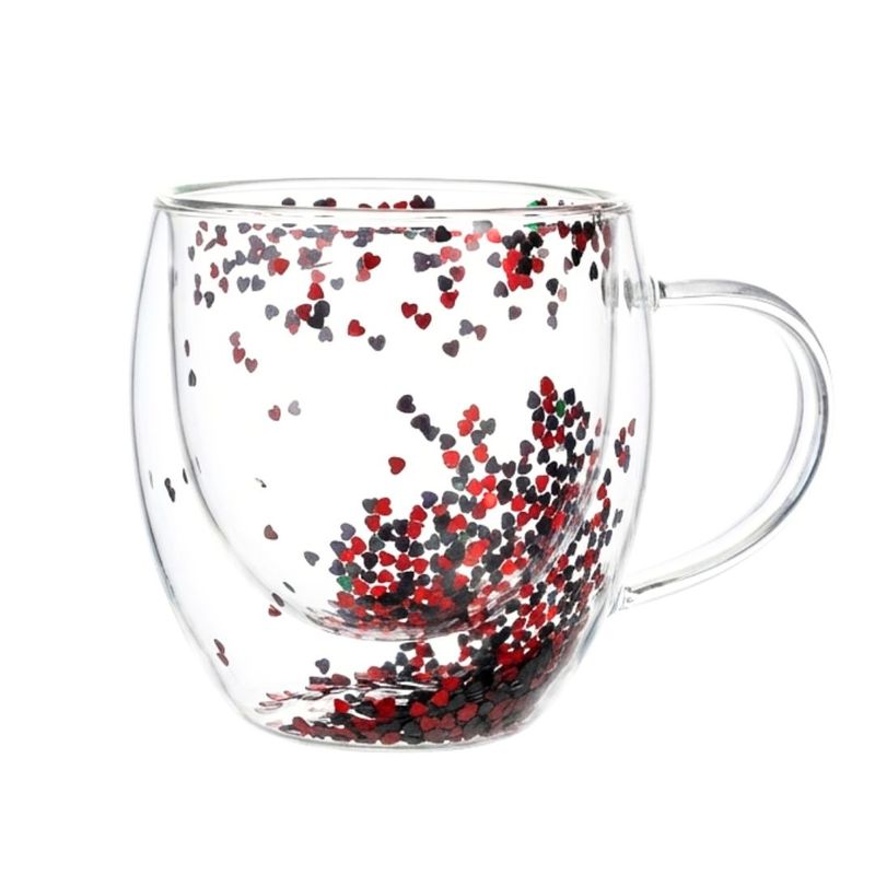 Casa si Gradina - Bucatarie si vesela - Cani si pahare - Cani si cesti - Cana cu insertie de confetti, inimioare rosii si gri, sticla borosilicata, 250 ml, Aurora Glow - Infinity.ro