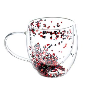 Cana cu insertie de confetti, inimioare rosii si gri, sticla borosilicata, 250 ml, Aurora Glow