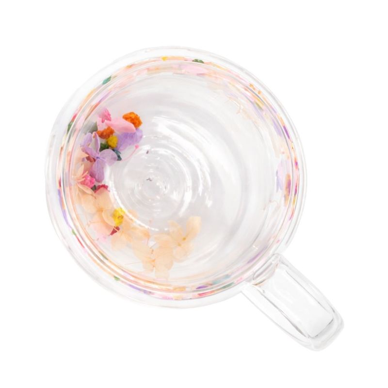 Casa si Gradina - Bucatarie si vesela - Cani si pahare - Cani si cesti - Cana cu insertie de flori uscate, hortensie culori pastel, pereti dubli, sticla borosilicata, 250 ml, Aurora Bloom - Infinity.ro