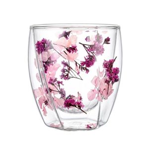 Pahar cu insertie de flori uscate roz, hortensie si limonium, pereti dubli, sticla borosilicata, 250 ml, Aurora Bloom