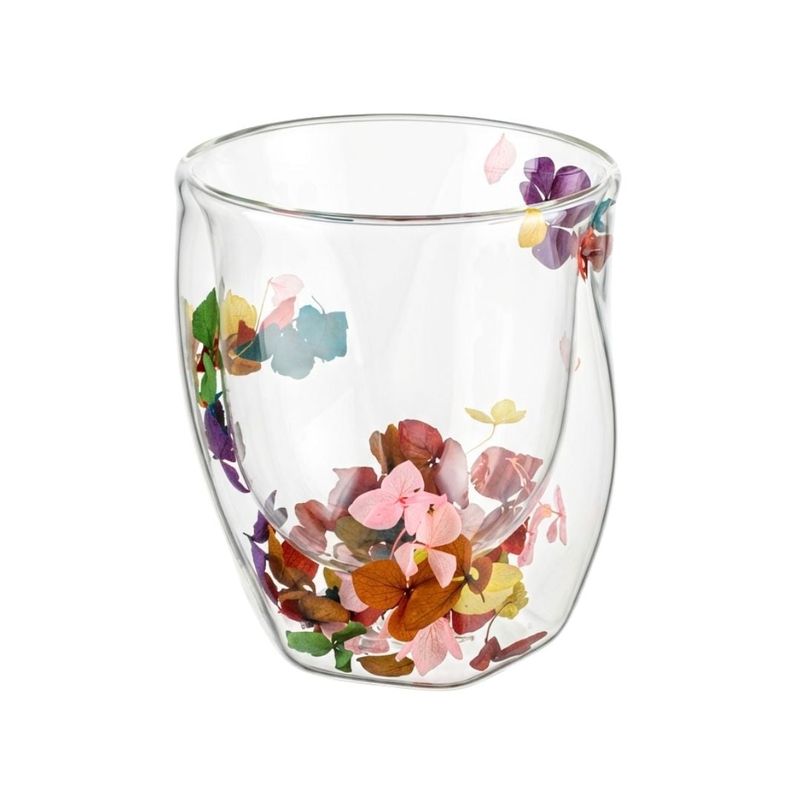Casa si Gradina - Bucatarie si vesela - Cani si pahare - Cani si cesti - Pahar cu insertie de flori uscate multicolor, hortensie, pereti dubli, sticla borosilicata, 250 ml, Aurora Bloom - Infinity.ro
