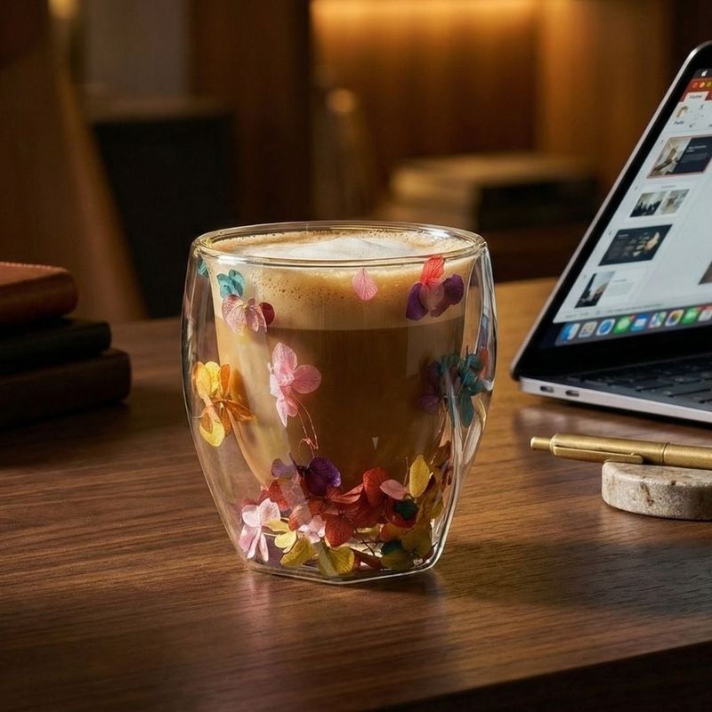 Casa si Gradina - Bucatarie si vesela - Cani si pahare - Pahare - Pahar cu insertie de flori uscate multicolor, hortensie, pereti dubli, sticla borosilicata, 250 ml, Aurora Bloom - Infinity.ro