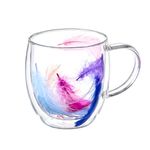 Casa si Gradina - Bucatarie si vesela - Cani si pahare - Cani si cesti - Cana cu insertie de pene mov, roz, albastru si alb, pereti dubli, sticla borosilicata, 250 ml, Aurora Bloom - Infinity.ro