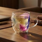 Casa si Gradina - Bucatarie si vesela - Cani si pahare - Cani si cesti - Cana cu insertie de pene mov, roz, albastru si alb, pereti dubli, sticla borosilicata, 250 ml, Aurora Bloom - Infinity.ro