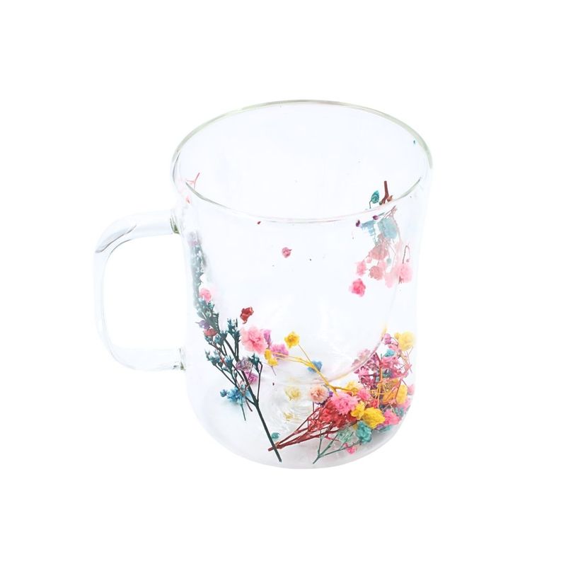 Casa si Gradina - Bucatarie si vesela - Cani si pahare - Cani si cesti - Cana cu insertie de flori uscate multicolore, floarea miresei, pereti dubli, sticla borosilicata, 200 ml, Aurora Bloom - Infinity.ro