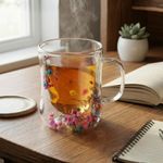 Casa si Gradina - Bucatarie si vesela - Cani si pahare - Cani si cesti - Cana cu insertie de flori uscate multicolore, floarea miresei, pereti dubli, sticla borosilicata, 200 ml, Aurora Bloom - Infinity.ro