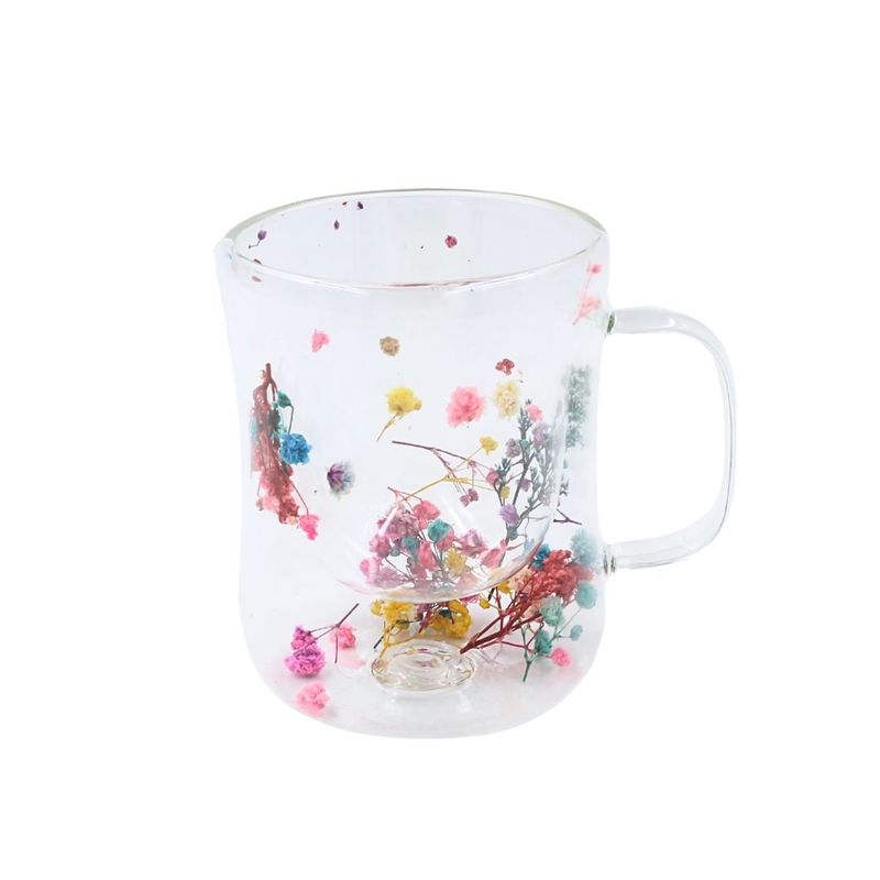 Casa si Gradina - Bucatarie si vesela - Cani si pahare - Cani si cesti - Cana cu insertie de flori uscate multicolore, floarea miresei, pereti dubli, sticla borosilicata, 200 ml, Aurora Bloom - Infinity.ro