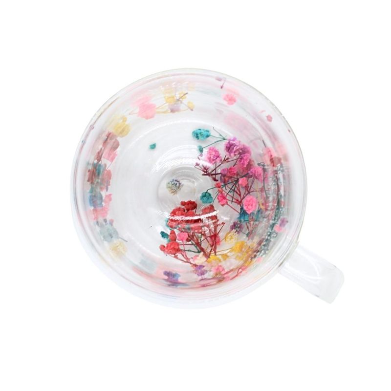 Casa si Gradina - Bucatarie si vesela - Cani si pahare - Cani si cesti - Cana cu insertie de flori uscate multicolore, floarea miresei, pereti dubli, sticla borosilicata, 200 ml, Aurora Bloom - Infinity.ro