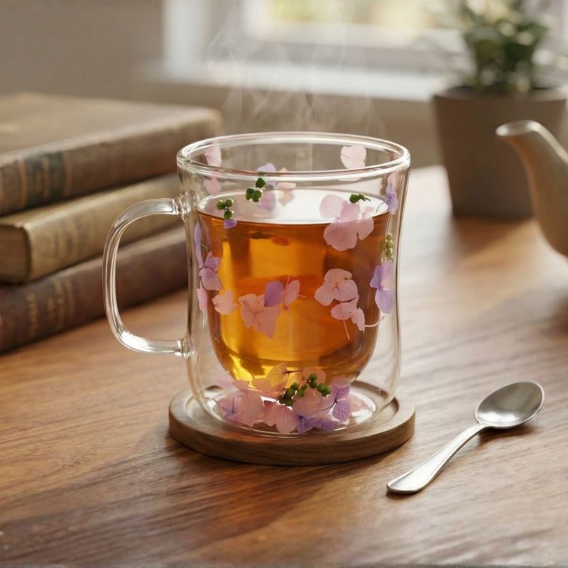 Casa si Gradina - Bucatarie si vesela - Cani si pahare - Cani si cesti - Cana cu insertie de flori uscate, hortensie mov si roz, pereti dubli, sticla borosilicata, 200 ml, Aurora Bloom - Infinity.ro