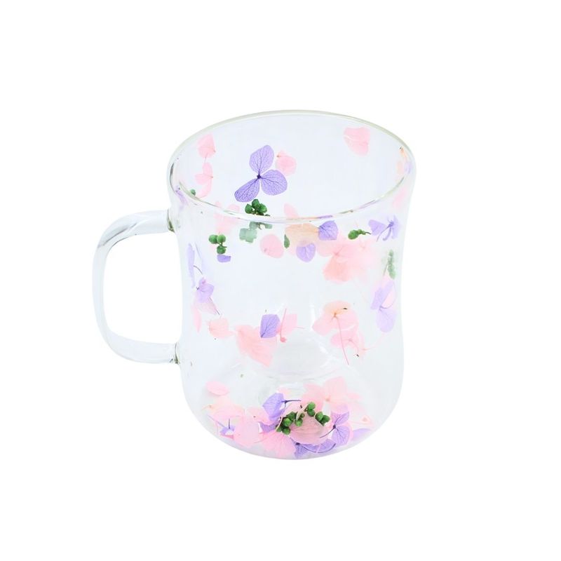 Casa si Gradina - Bucatarie si vesela - Cani si pahare - Cani si cesti - Cana cu insertie de flori uscate, hortensie mov si roz, pereti dubli, sticla borosilicata, 200 ml, Aurora Bloom - Infinity.ro