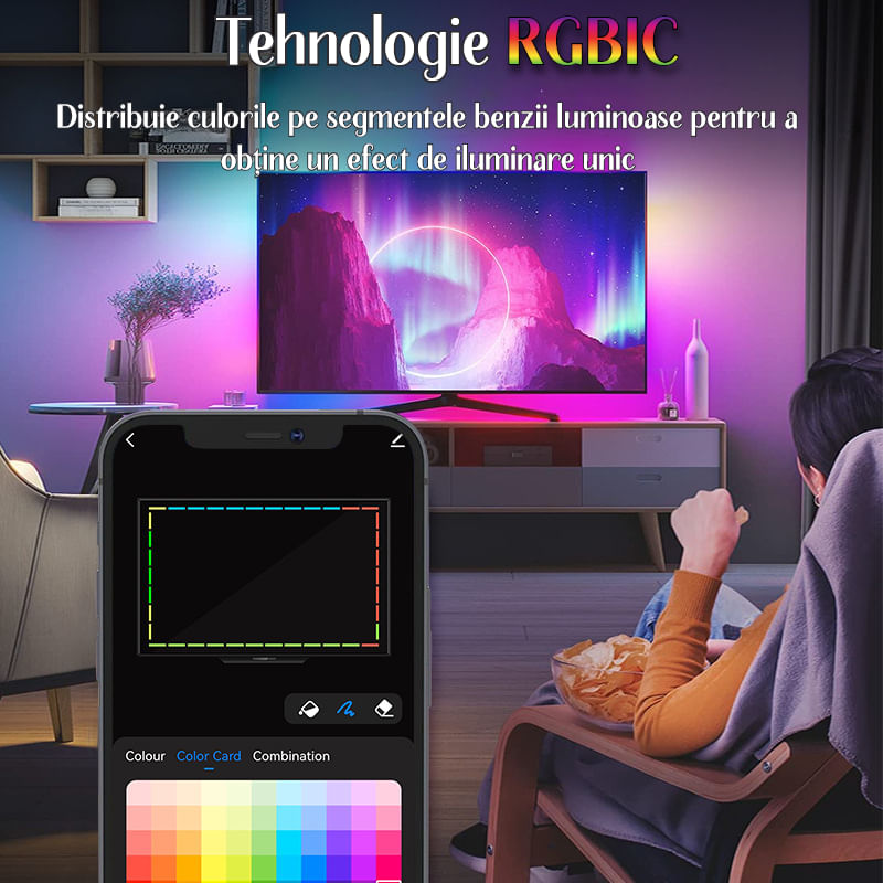 Casa si Gradina - Corpuri si surse de iluminat - Benzi LED - Banda LED RGBIC inteligenta cu Sincronizare, Camera HD cu Senzor de culoare Control prin Aplicatie TV 55-65 inch - Infinity.ro
