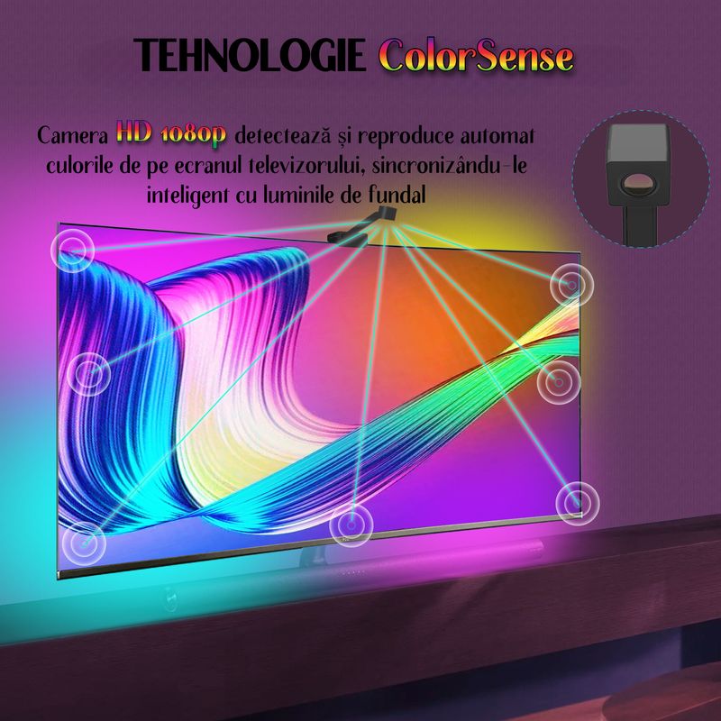 Casa si Gradina - Corpuri si surse de iluminat - Benzi LED - Banda LED RGBIC inteligenta cu Sincronizare, Camera HD cu Senzor de culoare Control prin Aplicatie TV 55-65 inch - Infinity.ro