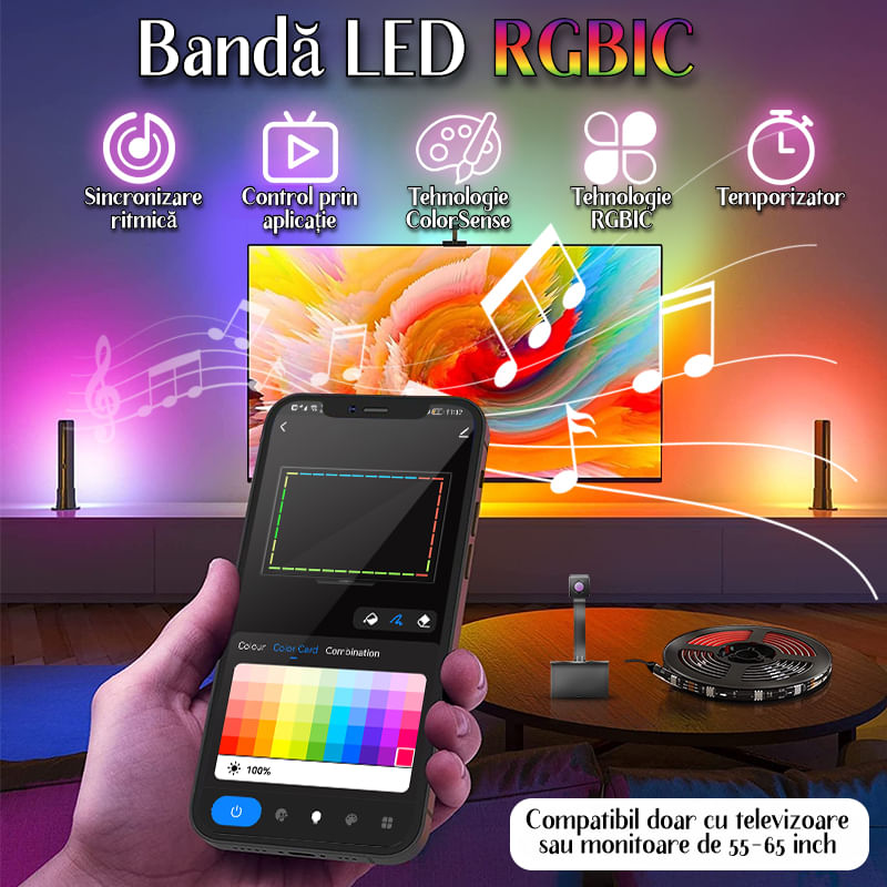Casa si Gradina - Corpuri si surse de iluminat - Benzi LED - Banda LED RGBIC inteligenta cu Sincronizare, Camera HD cu Senzor de culoare Control prin Aplicatie TV 55-65 inch - Infinity.ro