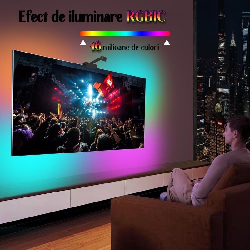 Casa si Gradina - Corpuri si surse de iluminat - Benzi LED - Banda LED RGBIC inteligenta cu Sincronizare, Camera HD cu Senzor de culoare Control prin Aplicatie TV 55-65 inch - Infinity.ro
