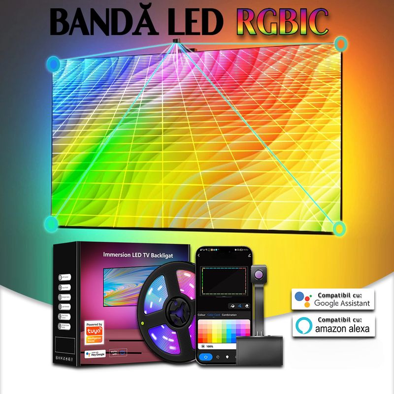 Casa si Gradina - Corpuri si surse de iluminat - Benzi LED - Banda LED RGBIC inteligenta cu Sincronizare, Camera HD cu Senzor de culoare Control prin Aplicatie TV 55-65 inch - Infinity.ro