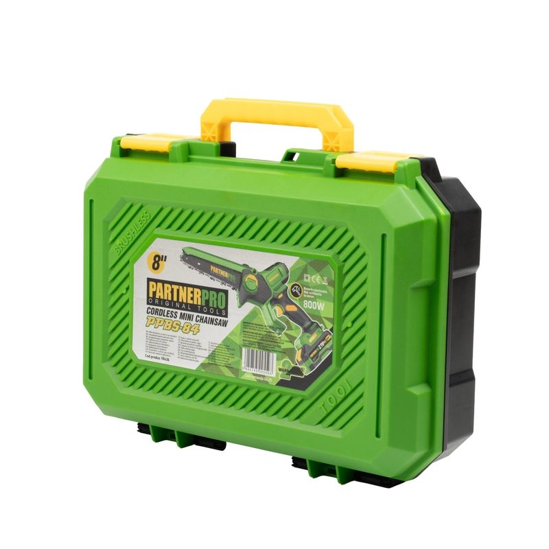 Casa si Gradina - Gradinarit si plante - Utilaje gradina - Fierastraie cu lant - Mini Fierastrau cu Lant si Acumulator PPBS-84 PARTNERPRO, Brushless, 21V / 4Ah, Indicator sarcina - Infinity.ro