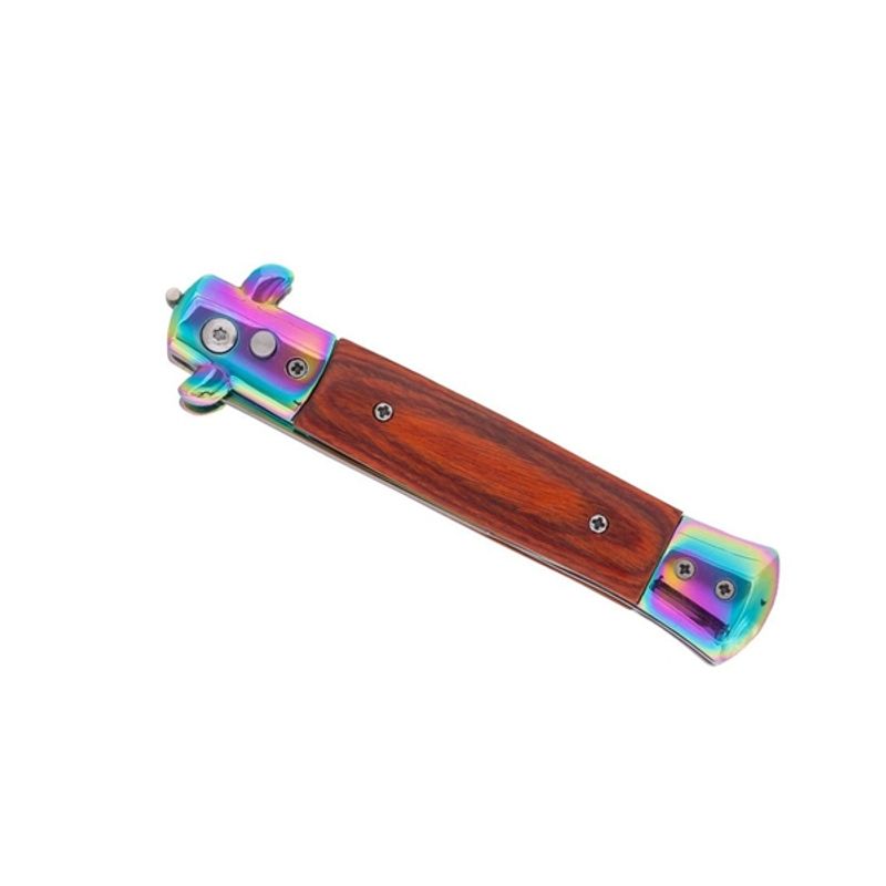 Sport si Outdoor - Camping - Cutite, bricege si accesorii - Cutite si bricege - Set de doua cutite pliabile cu arc sicilian,  DEPOX®, lama curcubeu, otel inoxidabil 420, deschidere automata, 22 cm - Infinity.ro