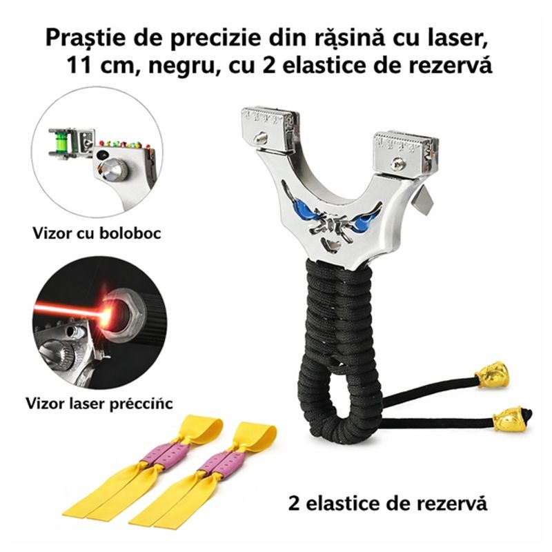 Sport si Outdoor - Camping - Accesorii camping si drumetii - Prastie de precizie metalica cu laser si vizor, DEPOX®, 2 elastice de rezerva, 12  cm, negru - Infinity.ro