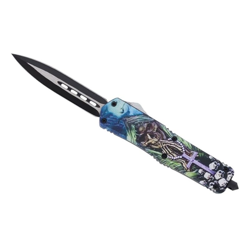 Sport si Outdoor - Camping - Cutite, bricege si accesorii - Cutite si bricege - Cutit automat cu arc, DEPOX®,  lama dubla tip pumnal, husa cordura, 23 cm - Infinity.ro