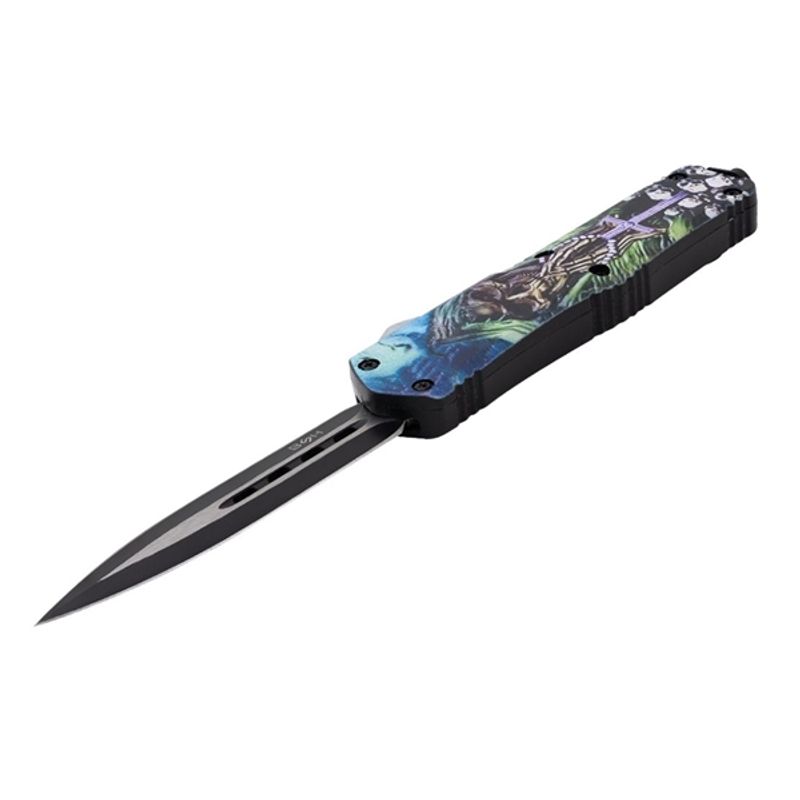 Sport si Outdoor - Camping - Cutite, bricege si accesorii - Cutite si bricege - Cutit automat cu arc, DEPOX®,  lama dubla tip pumnal, husa cordura, 23 cm - Infinity.ro