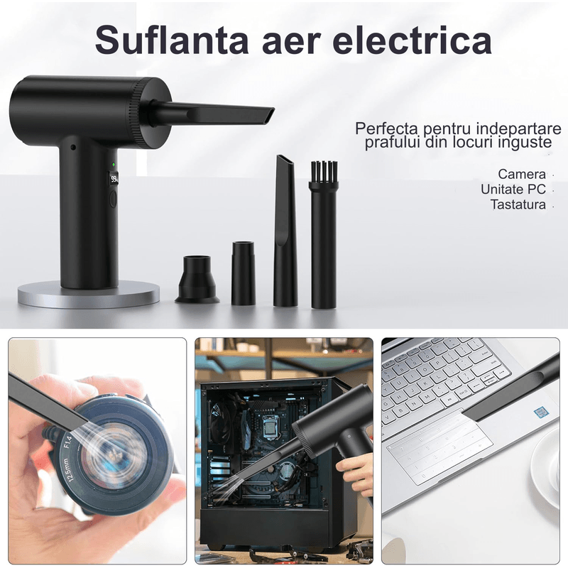 Electronice si Electrocasnice - Ingrijirea locuintei - Aspiratoare - Suflanta Aer si Aspirator, Portabil, pentru Indepartare Praf PC, Lanterna, 7 Duze, 3 viteze, 90000 RPM, baterie 7500 mAh - Infinity.ro