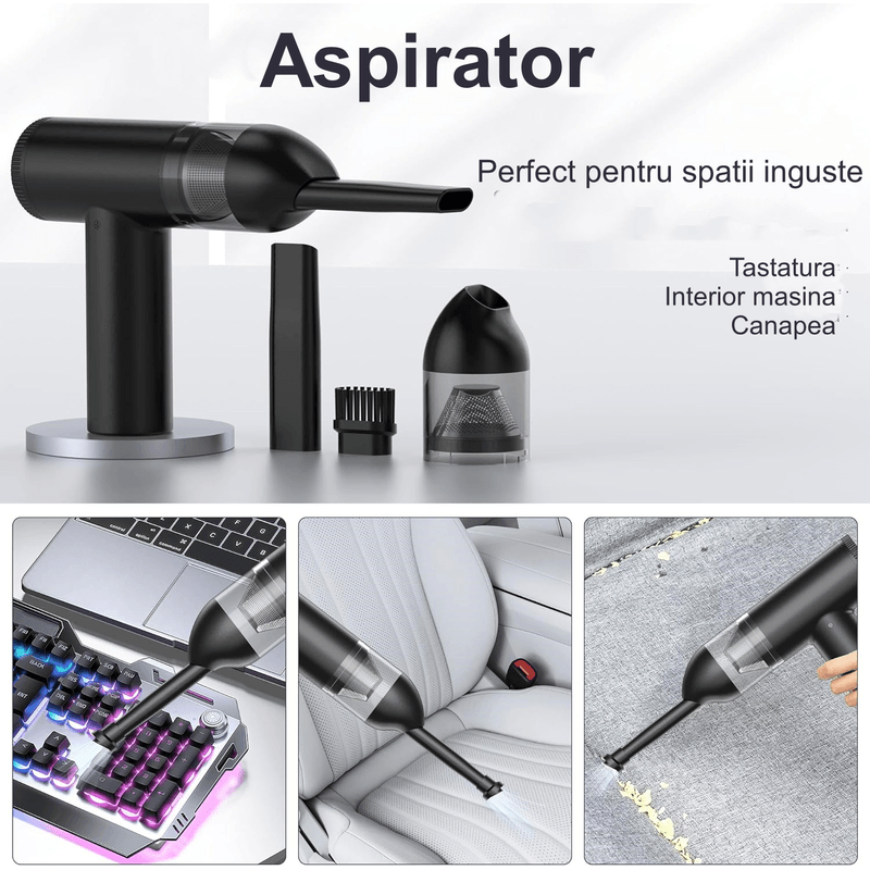 Electronice si Electrocasnice - Ingrijirea locuintei - Aspiratoare - Suflanta Aer si Aspirator, Portabil, pentru Indepartare Praf PC, Lanterna, 7 Duze, 3 viteze, 90000 RPM, baterie 7500 mAh - Infinity.ro